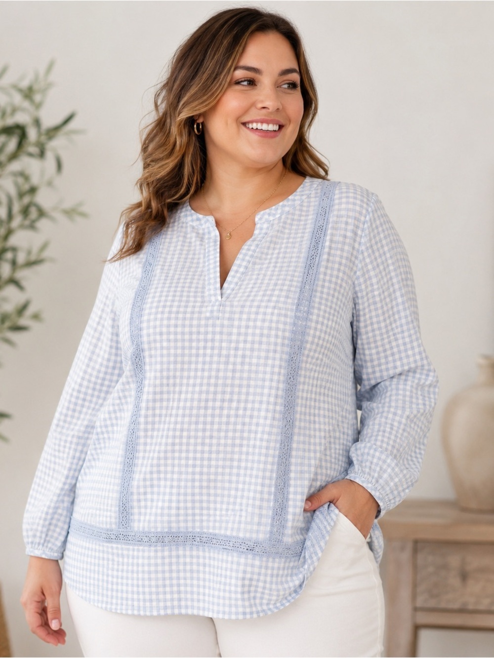Lands End Blue Gingham Lace Checkered Long Sleeve Tunic Blouse Women Plus Sz 1X